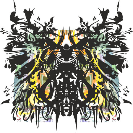 Scary colorful patterned butterfly wings isolated on white. Gothic linear butterfly with floral and animal motifs for fabrics, textiles, interior, fashion trends, shield emblemsのイラスト素材