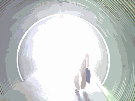 Light at the end of the tunnel. Silhouette of a man walking into the light at the end of a long tunnel. Exit to freedom light concept. vector illustrationのイラスト素材