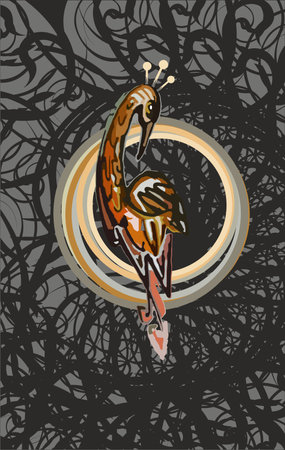 Bird in a circle isolated on black-gray floral background. Vertical decorative symbol of heron on a grungy backdrop for embroidery, tattoos, interiors, prints, textiles, fabricsのイラスト素材