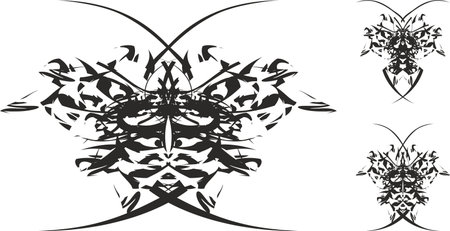 Tribal butterfly set isolated on a white backdrop for your design. Dangerous butterfly symbols for fabric, shield emblems, covers, interior solutions, fashion, tattoos, etc.のイラスト素材