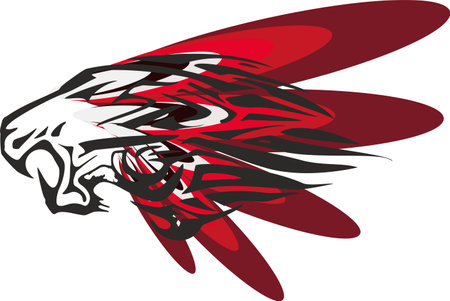 Aggressive tiger head with red feather elements isolated on white. Predator head for textiles, fashion, business concepts, covers, fabrics, sport emblems, logos, engravingsのイラスト素材