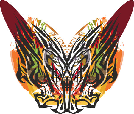 Colorful scary butterfly wings on white. Butterfly symbol formed by tiger heads with unusual pattern for prints on T-shirts, fashion trends, fabric products or textiles, postersのイラスト素材