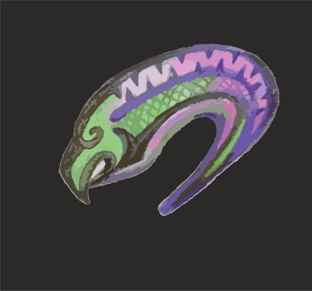 Twirled eagle head in green-purple tonality like a fish for emblems or fabric products. Predator bird symbol against black backdrop for prints on T-shirts, textiles, logos, coversのイラスト素材