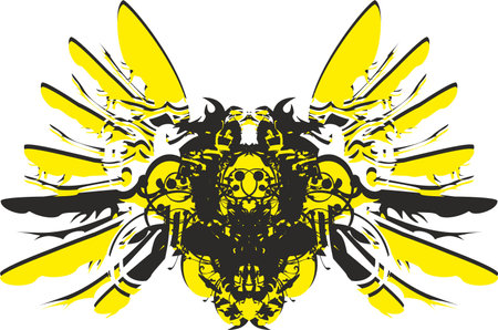 Dangerous butterfly wings in yellow-black tonality on a white background. Terrible butterfly symbol for emblems on shields, prints, stickers, interiors, posters, tattoos, fashionのイラスト素材