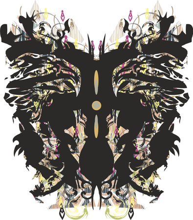 Tribal butterfly wings with an eagle pattern and floral elements on white. Scary butterfly symbol for shield or sport emblems, tattoos, prints, textiles, fashion trends, fabricsのイラスト素材