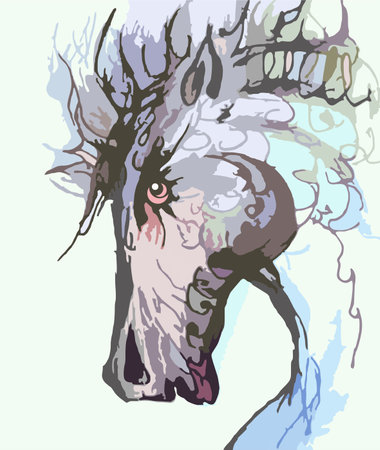 Decorative horse head on a blue backdrop for interior solutions or fabrics. Patterned watercolor hand drawn horse head for business concepts, wallpaper, posters, prints on T-shirtsのイラスト素材