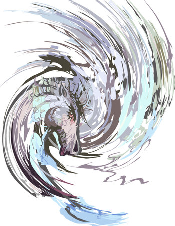 Vortex horse head in blue-gray tonality on white. Liquid hand drawn horse head splashes like a water for business concepts, wallpapers, posters, prints on T-shirts, fashion trendsのイラスト素材