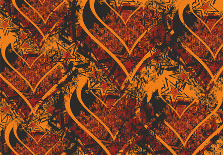 Grunge backdrop in orange-black-red tonality created by heart and asterisks elements. Funky background for valentines, wedding, romance cards, textures, fabric products or textilesのイラスト素材