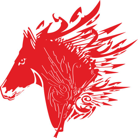 Ornamental flaming horse symbol on white. Red-white horse head symbol for business concepts, wallpaper, posters, prints on T-shirts, fashion trends, textiles, fabrics, decalsのイラスト素材