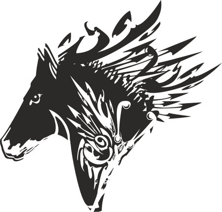 Black-white ornamental horse head for prints on T-shirts or emblems. Horse symbol for business concepts, wallpaper, posters, logos, fashion trends, textiles, fabrics, decalsのイラスト素材