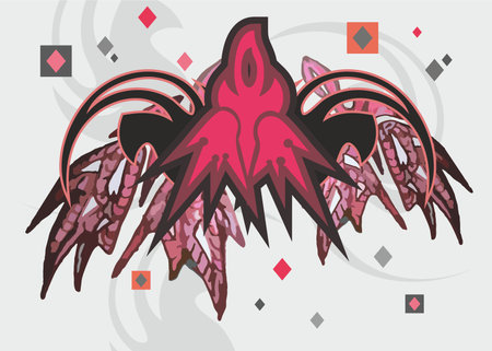 Decorative pink-black-purple wings on a gray backdrop. Bright shapes like a bird with geometric elements for interiors, scrapbooking, posters, invitation cards, wallpaper, businessのイラスト素材