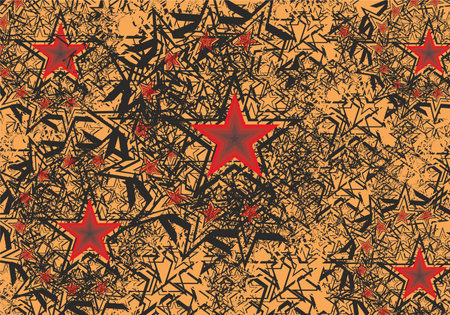 Grungy camouflage backdrop created by star elements in orange-red-black tonality. Abstract background for posters or prints, interiors, textures, covers, fashion trends, fabricsのイラスト素材