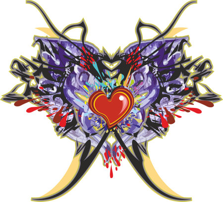 Awful butterfly wings with red heart on white for holidays or events. Detailed butterfly symbol for emblems, business, prints, tattoos, interiors, posters, fashion, textilesのイラスト素材
