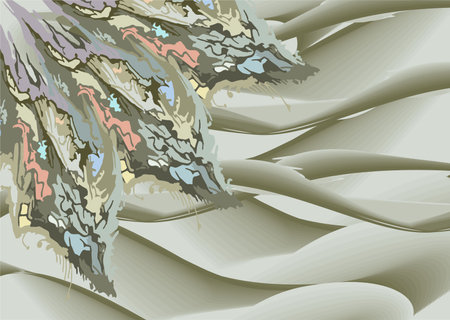 Gray wavy backdrop with colored floral or plant elements for interiors or covers. Glossy backdrop for fashion, business concepts, fabric, scrapbooking, textiles, tiles, printsのイラスト素材