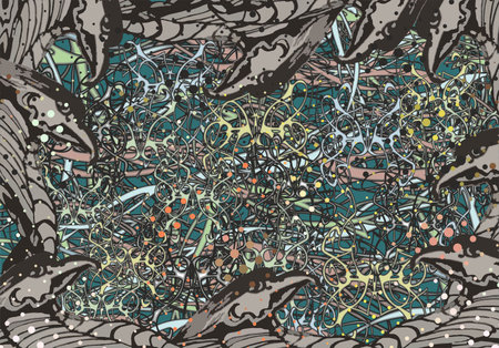 Dark backdrop with eagle heads and linear motifs for fabrics or dynamic posters. Chaotic dangerous motifs for fashion trends, business concepts, covers, interior solutions, tilesのイラスト素材