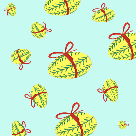 Cute Easter eggs with a ribbon on the blue backgroundの写真素材