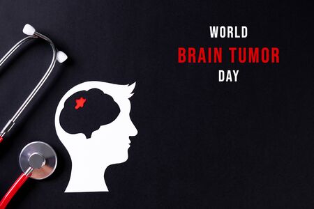 World Brain Tumor Day. Top view of cut paper brain. Epilepsy awareness, mental health concept.  World Alzheimer's Day. World Parkinson's Day.の写真素材