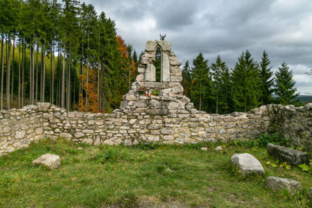 Tridomi, Czech Republic - October 29 2016: Stone ruins of the former medieval church of St Nicholas, Svaty Mikulas, standing in the middle of the forest. Green grass on ground. Trees in the backgroundの写真素材