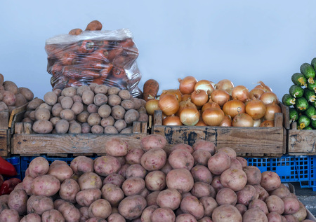 Fresh vegetables on the market counterの写真素材