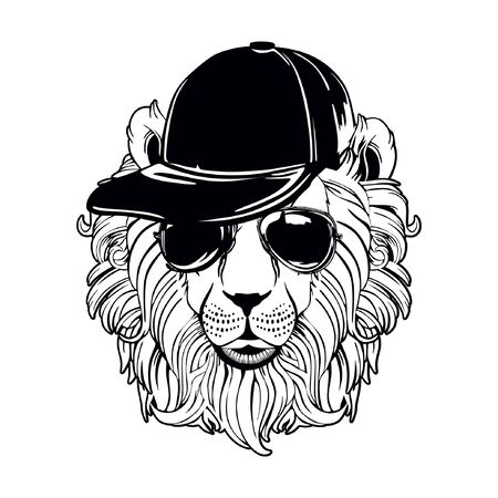 Lion head on a white background. Lion hat and sunglasses.のイラスト素材
