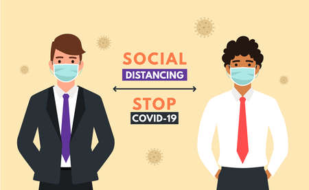 Social distancing example for greeting to avoid spreading corona virus. Flat design vector.のイラスト素材