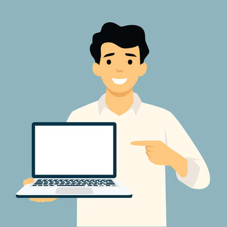 Businessman holding laptop notebook and showing the thumb up. Full length portrait of businessman in a flat style. Vector illustration.のイラスト素材