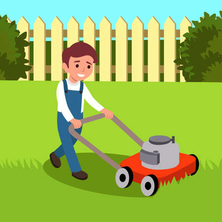 Vector illustration of a boy cutting grass with lawn mower isolated on white background. Cute kid doing garden work. Spring gardening activity picture with funny characterのイラスト素材