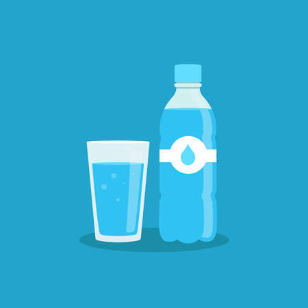 Plastic bottle and glass of water. Water drop sign. Vector illustrationのイラスト素材