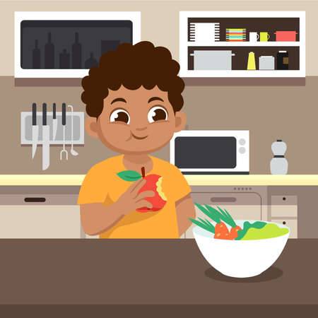 Boy eating apple.sitting at the table eating fruit.Red apple biting.at home in the kitchen.emotional mood on child's face feels good.のイラスト素材