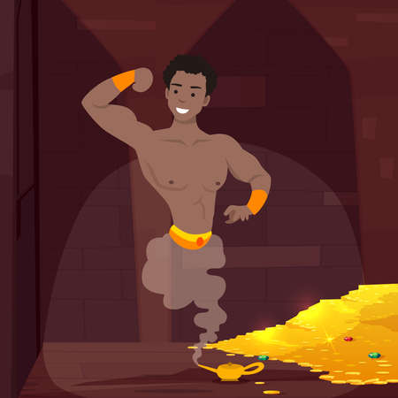 Cartoon black genie coming out from a magical lamp. Vector illustration. Isolatedのイラスト素材