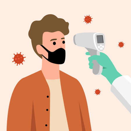 COVID-19 Coronavirus flu patient with high temperature fever concept, doctor holding infrared...