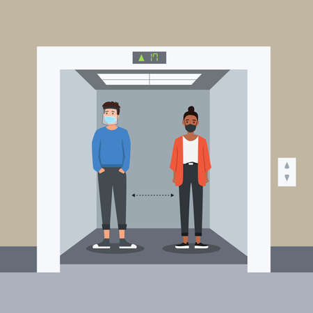 Business people in office building elevator.Social distancing because of corona virus. with protocol. Vector Illustration.のイラスト素材