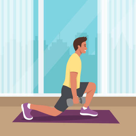 Boy wellness, sports at home by workout doing. Healthy workout for the body, home indoor sports for male wellness. Training male indoors for body, health concept. Cartoon style vector illustrationのイラスト素材