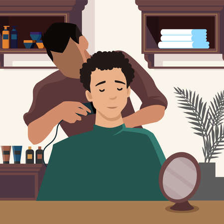 hairdresser barbers doing male clients haircut in men beauty salon barbershop. Barber shop interior design with chairs, mirrors, desk. Decoration and furniture. Flat vector illustrationのイラスト素材