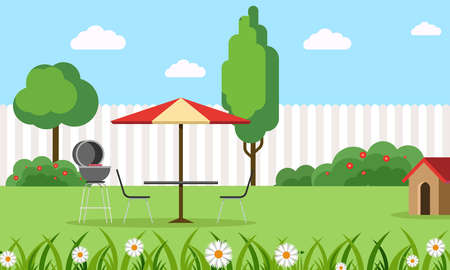 backyard flat illustration with a barbeque set tableのイラスト素材