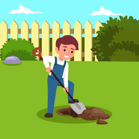 Cute little boy digging hole with shovel vector cartoon illustration at his backyardのイラスト素材