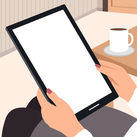 Vintage vector of woman touch to tablet pc, blank screen for advertising. inside a living room