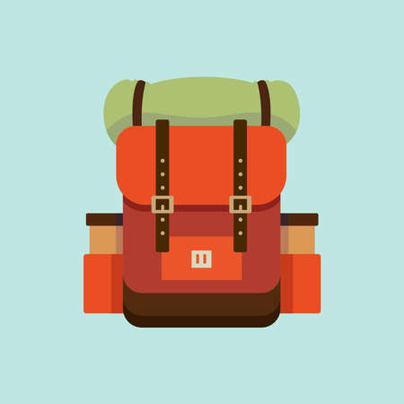 Vector flat modern hiking backpacks.Three retro looking stylish camping and mountain exploring backpacksのイラスト素材