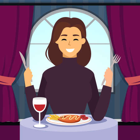 woman dinner wine with steak Symbol Icon Concept Isolated Stylish Background Flat Design Vector Illustrationのイラスト素材
