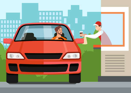 Driver in car takes fast food order at Drive Thru counter. Vector illustration of distance service scene in coronavirus pandemic, infection preventionのイラスト素材