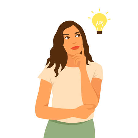 Cartoon young standing woman thinking with thinking bulb. Businesswoman thinks about problem vector illustration. expression and think problemのイラスト素材