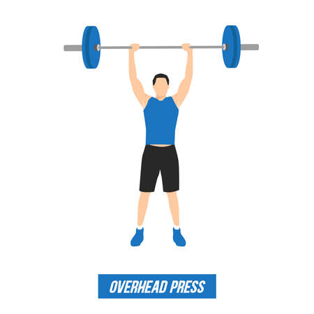 an athlete weightlifter performs a sports exercise overhead press with a barbell, in a graphic flat illustrationのイラスト素材