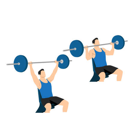 shoulder Exercises. Barbell shoulder press. Flat Design Bodybuilder Character Lifting Barbell. isolated characterのイラスト素材