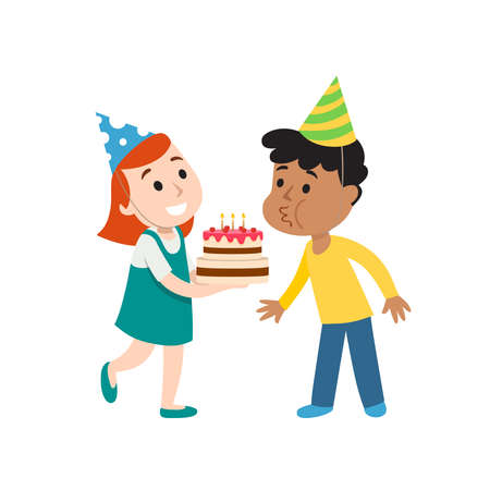 Happy group of children having fun at birthday party. Child blows out candles on cake.のイラスト素材