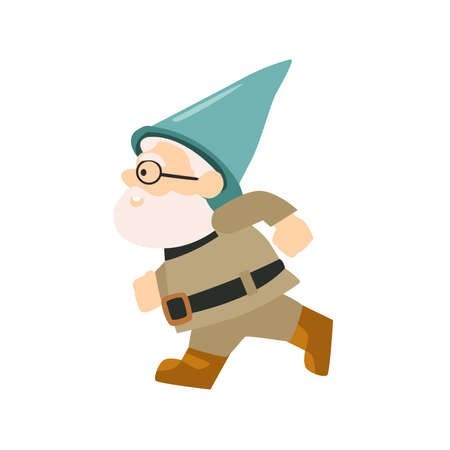 cute old gnome running from side view flat vector illustration isolated on white background