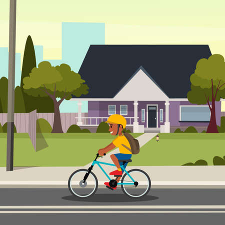 old vintage house with boy riding bicycle in front flat vector illustration designのイラスト素材