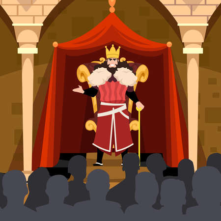 king in front of his royal throne talking or giving speech to his people flat illustration characterのイラスト素材