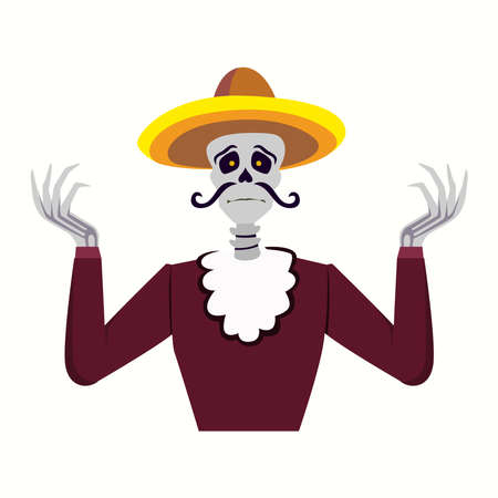 Funny mexican skeleton shrugging and confused about anything. isolated flat vector illustration on white backgroundのイラスト素材