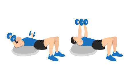 man doing bosu ball chest dumbbell flyes,flies. Flat vector illustration isolated on different layersのイラスト素材