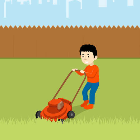 Vector illustration of a boy cutting grass with lawn mower isolated on white background. Cute kid doing garden work. Spring gardening activity picture with funny characterのイラスト素材
